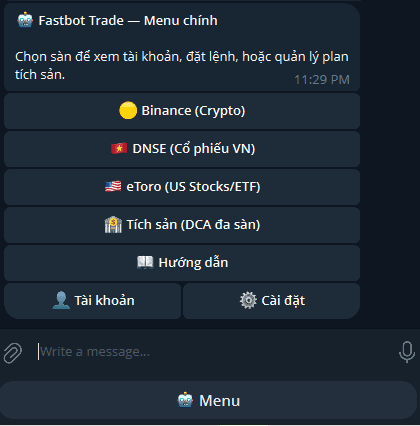 fastbot — Menu chính trên Telegram